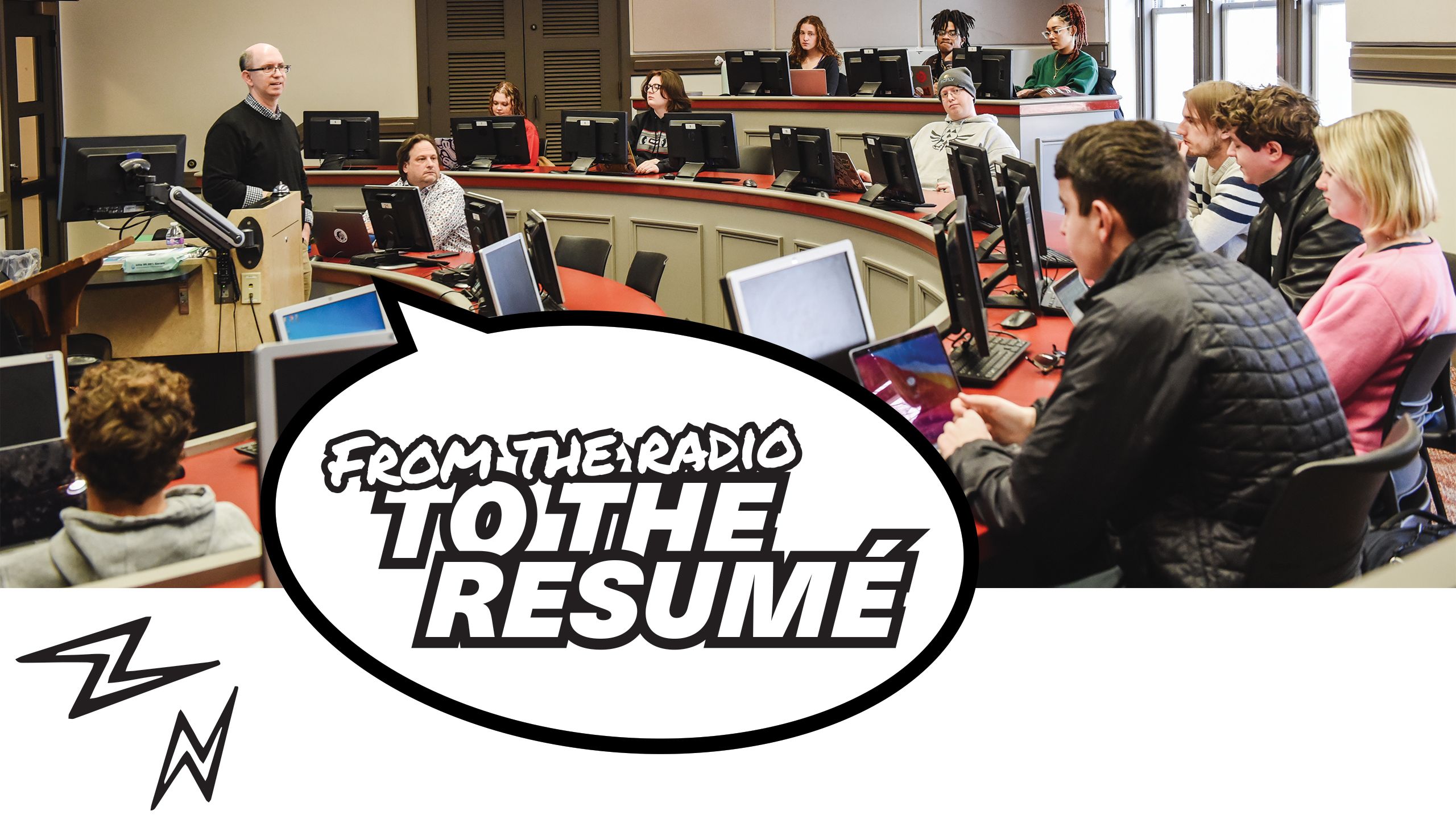 From the Radio to the Resume. Professor of Media & Communication John Sullivan (standing) speaks to Intro to Podcasting students in Spring 2023.